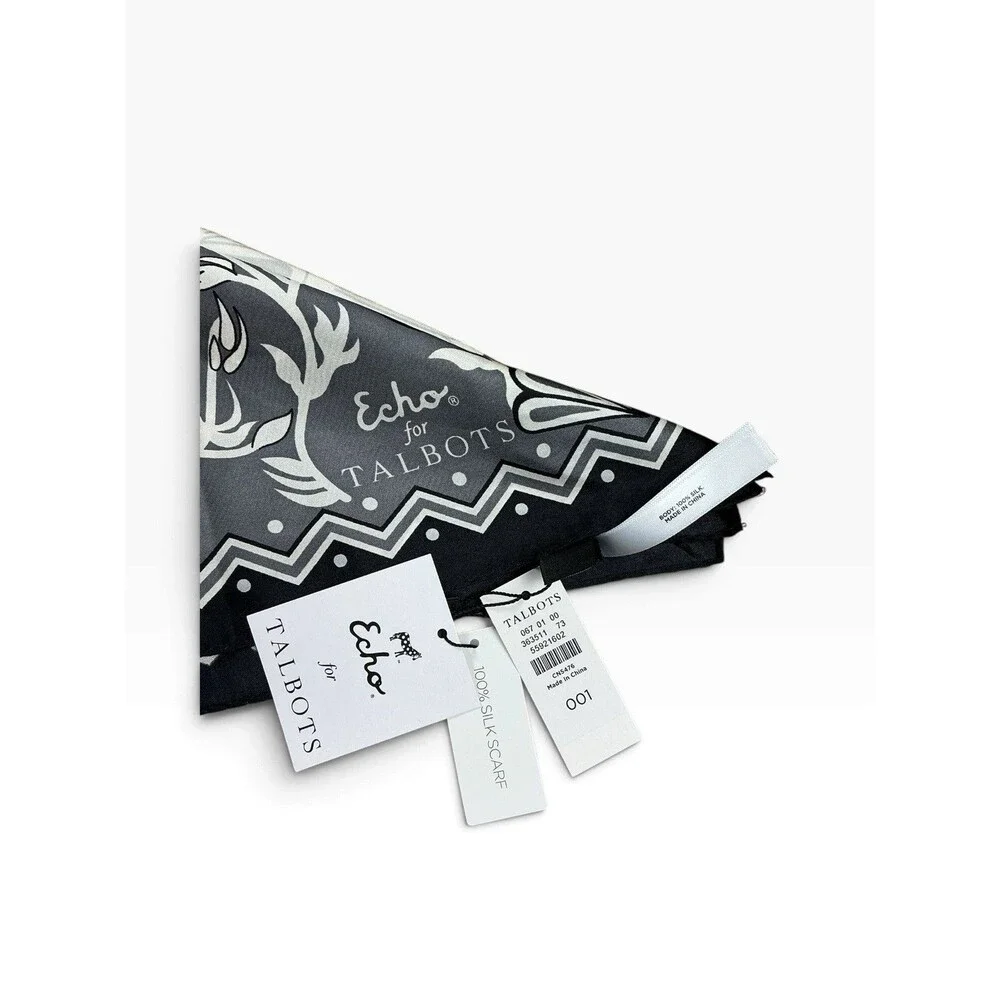 Echo for Talbots NWT 100% Silk Bandana Scarf Floral Pattern Black Gray White